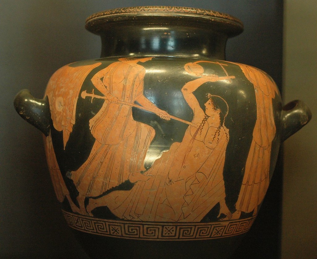 Orfeo ucciso dalle baccanti, stamnos a figure rosse, V secolo a.C., Parigi, Louvre