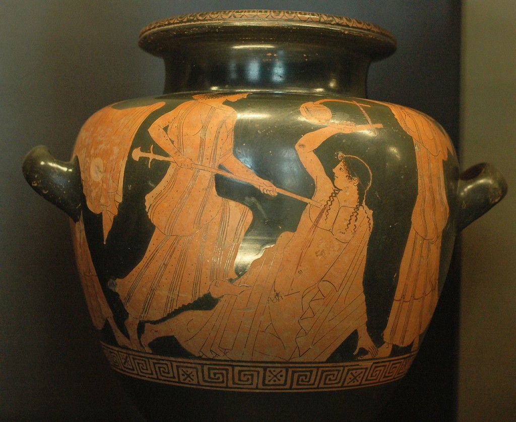 Orfeo ucciso dalle baccanti, stamnos a figure rosse, V secolo a.C., Parigi, Louvre (Wikimedia Commons)